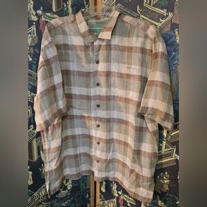 TOMMY BAHAMA Men's Short Sleeved Plaid Linen Camp Collar Shirt Size XL